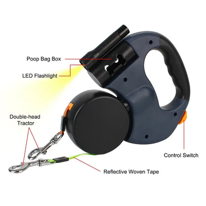 Retractable Double Dog Leash – Reflective 360° Swivel, LED Light & No-Tangle Pet Lead for Small Dogs