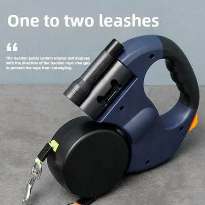 Retractable Double Dog Leash – Reflective 360° Swivel, LED Light & No-Tangle Pet Lead for Small Dogs