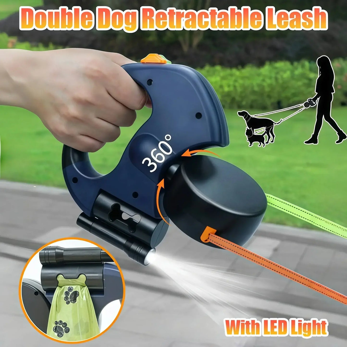 Retractable Double Dog Leash – Reflective 360° Swivel, LED Light & No-Tangle Pet Lead for Small Dogs